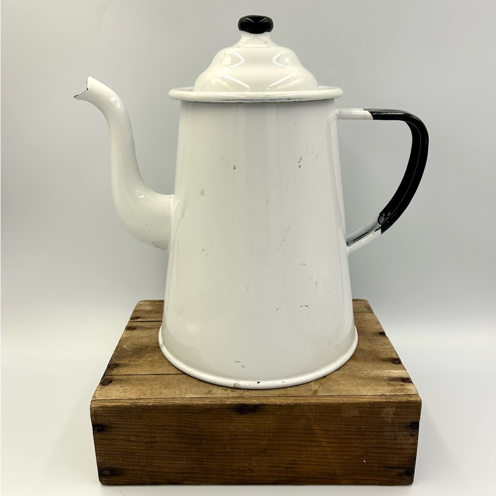 Vtg Enamelware Coffee Pot White Black Rustic Farmhouse Country Metal Decor 9”